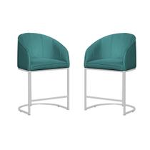 Kit 02 Poltronas Banqueta Decorativa Estofada Tecido Veludo Base Metal Branco - Estopar