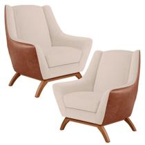 Kit 02 Poltronas Base Em Madeira Camel B-14 Linho Bege C-107 Kit 02 Poltronas Base Em Madeira Camel B-14 Linho Bege C-107