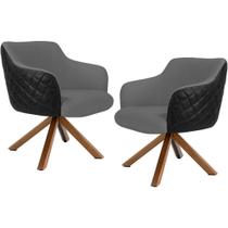Kit 02 Poltronas Base Giratória Madeira Jade D02 Linho Cinza C-416 Tressê Material Sintético Preto - Lyam Decor