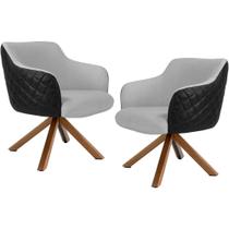 Kit 02 Poltronas Base Giratória Madeira Jade D02 Linho Cinza D-315 Tressê Corano Preto - Lyam Decor