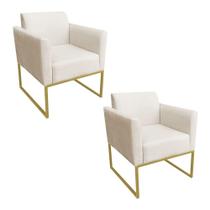 Kit 02 Poltronas Base Industrial Metálica Dourado Suede Bege