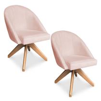 Kit 02 Poltronas Cadeira Giratória Bela Suede Rosa Bebê Base de Madeira - Pallazio