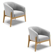 Kit 02 Poltronas Cinza Base Madeira Castanho