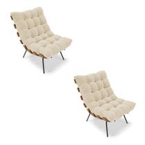 Kit 02 Poltronas Costela Linho Grosso Bege A19 Base Metálica Preto - D'Rossi