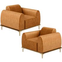 Kit 02 Poltronas Decorativa Base De Madeira Castanho e Pés Metalizado D'Ouro Molino D02 material sintético Whisky B-90 - Lyam Decor Kit 02 Poltronas Decorativa Base De Madeira Castanho e Pés Metalizado D'Ouro Molino D02 material sintético Whisky B-90 - Lyam Decor