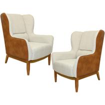 Kit 02 Poltronas Decorativa Base de Madeira Milena D02 Linho Bege A-184 Corano Marrom - Lyam Decor Kit 02 Poltronas Decorativa Base de Madeira Milena D02 Linho Bege A-184 Corano Marrom - Lyam Decor