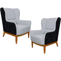 Kit 02 Poltronas Decorativa Base de Madeira Milena D02 Linho Cinza D-315 Corano Preto - Lyam Decor Kit 02 Poltronas Decorativa Base de Madeira Milena D02 Linho Cinza D-315 Corano Preto - Lyam Decor
