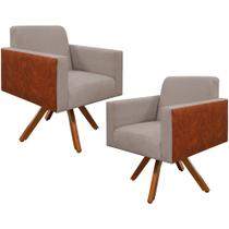 Kit 02 Poltronas Decorativa Base Giratória de Madeira Helô L02 Linho Bege material sintético Camel - Lyam Decor