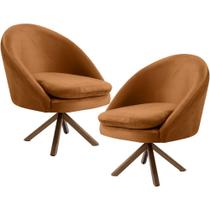 Kit 02 Poltronas Decorativa Base Giratória de Madeira Rafa C06 Veludo Telha C-262 - Lyam Decor