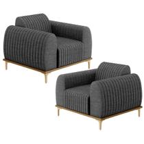 Kit 02 Poltronas Decorativa Base Madeira Pés D'Ouro Molino D02 Linho Cinza Escuro C-420 - Lyam Decor Kit 02 Poltronas Decorativa Base Madeira Pés D'Ouro Molino D02 Linho Cinza Escuro C-420 - Lyam Decor