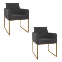 Kit 02 Poltronas Decorativa Bellinha Base de Ferro Dourado Linho Cinza Escuro - Amarena Móveis