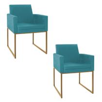 Kit 02 Poltronas Decorativa Bellinha Base de Ferro Dourado Suede Azul Turquesa - ADJ Decor