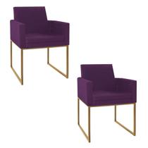 Kit 02 Poltronas Decorativa Bellinha Base de Ferro Dourado Suede Roxo - Doce Sonho Móveis