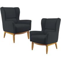 Kit 02 Poltronas Decorativa Fixa Base de Madeira Milena D02 Linho Chumbo D-465 - Lyam Decor Kit 02 Poltronas Decorativa Fixa Base de Madeira Milena D02 Linho Chumbo D-465 - Lyam Decor