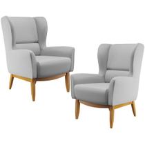 Kit 02 Poltronas Decorativa Fixa Base de Madeira Milena D02 Linho Cinza D-315 - Lyam Decor