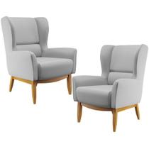 Kit 02 Poltronas Decorativa Fixa Base de Madeira Milena D02 Linho Cinza D-315 - Lyam Decor
