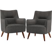 Kit 02 Poltronas Decorativa Fixa Pés de Madeira Isabella D02 Linho Cinza Escuro C-420 - Lyam Decor