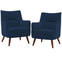 Kit 02 Poltronas Decorativa Fixa Pés de Madeira Isabella D02 Veludo Azul Marinho D-304 - Lyam Decor
