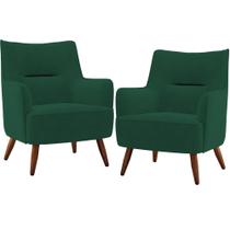 Kit 02 Poltronas Decorativa Fixa Pés de Madeira Isabella D02 Veludo Verde D-303 - Lyam Decor Kit 02 Poltronas Decorativa Fixa Pés de Madeira Isabella D02 Veludo Verde D-303 - Lyam Decor