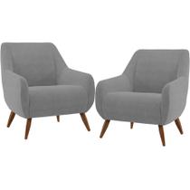 Kit 02 Poltronas Decorativa Fixa Pés de Madeira Paloma D02 Veludo Cinza D-317 - Lyam Decor