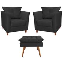 Kit 02 Poltronas Decorativa Isis Pés de Madeira Mais Puff Opalla Suede Preto - DS Estofados