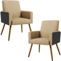 Kit 02 Poltronas Decorativa Maria W01 Pés Palito Linho Bege Escuro material sintético Preto - Lyam Decor
