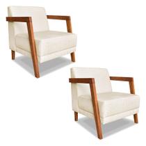 Kit 02 Poltronas Decorativa Natália Linho Base em Madeira Castanho - Pallazio