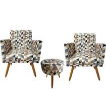 Kit 02 Poltronas Decorativa Nina com e Puff Redondo Triângulos Bege s/r-Maitê Moda Casa Kit 02 Poltronas Decorativa Nina com e Puff Redondo Triângulos Bege s/r-Maitê Moda Casa