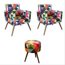 Kit 02 Poltronas Decorativa Nina com rodapé e Puff redondo Triângulos-Maitê Moda Casa Kit 02 Poltronas Decorativa Nina com rodapé e Puff redondo Triângulos-Maitê Moda Casa
