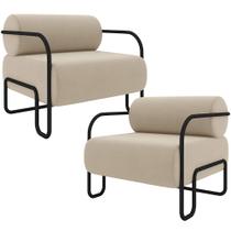 Kit 02 Poltronas Decorativa Pés Industrial Moscou K01 Veludo Bege - Lyam Decor