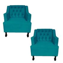 Kit 02 Poltronas Decorativa Pés Luis XV Gênises Encosto Estilo Capitonê Suede Azul Turquesa - DS Estofados