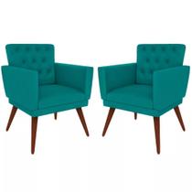 Kit 02 Poltronas Decorativa Pés Palito Nina Encosto Estilo Capitonê Azul Turquesa - Ds Móveis