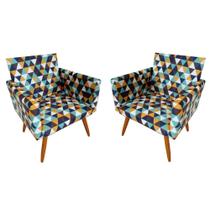 Kit 02 Poltronas Decorativa Pés Palito Nina Suede Triangulo Verde e laranja