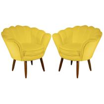 Kit 02 Poltronas Decorativa Pétala Pés Palito Suede Amarelo - DS Estofados