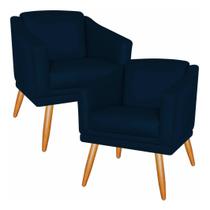 Kit 02 Poltronas Decorativa Recepção Escritório Salão Beleza Sala Estar Retro San Diego Pés Palito - Sued Azul Marinho