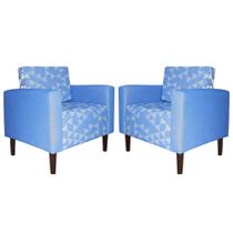 Kit 02 Poltronas Decorativas Azul Leticia Slim Linho Composê Estampas Exclusivas Ds Estofados