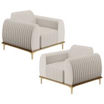 Kit 02 Poltronas Decorativas Base De Madeira Com Pés D'Ouro Molino D02 Linho Cru C-443 - Lyam Decor Kit 02 Poltronas Decorativas Base De Madeira Com Pés D'Ouro Molino D02 Linho Cru C-443 - Lyam Decor