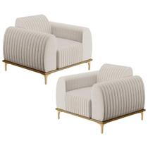 Kit 02 Poltronas Decorativas Base De Madeira Com Pés D'Ouro Molino D02 Linho Cru C-443 - Lyam Decor Kit 02 Poltronas Decorativas Base De Madeira Com Pés D'Ouro Molino D02 Linho Cru C-443 - Lyam Decor