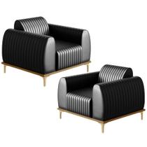 Kit 02 Poltronas Decorativas Base De Madeira e Pés D'Ouro Molino D02 Material Sintético Preto B-159 - Lyam Decor