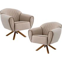 Kit 02 Poltronas Decorativas Base Giratória de Madeira Nina Tressê Bege Rústico D-470 - Lyam Decor