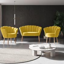 Kit 02 Poltronas Decorativas e Namoradeira Sofá Pétala Luxo Veludo Amarelo Pés Palito - Visan Estofados