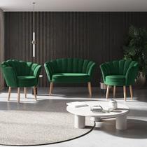 Kit 02 Poltronas Decorativas e Namoradeira Sofá Pétala Luxo Veludo Verde Pés Palito - Visan Estofados