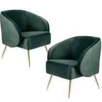 Kit 02 Poltronas Decorativas Fixa Pés Palito Metalizado Agnes Veludo Verde C-303 - Lyam Decor