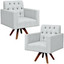 Kit 02 Poltronas Decorativas Giratória Sala Base de Madeira Manu Capitonê Linho Cinza - Lyam Decor Kit 02 Poltronas Decorativas Giratória Sala Base de Madeira Manu Capitonê Linho Cinza - Lyam Decor