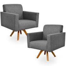 Kit 02 Poltronas Decorativas Giratória Sala Estar Base Madeira Helô Linho Chumbo - Lyam Decor Kit 02 Poltronas Decorativas Giratória Sala Estar Base Madeira Helô Linho Chumbo - Lyam Decor