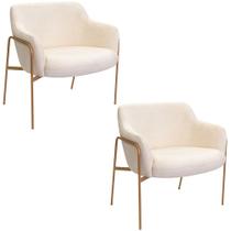 Kit 02 Poltronas Decorativas Jade Base Aço Ouro Fosco Bouclé Off White - Nexta Casa
