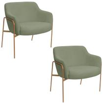 Kit 02 Poltronas Decorativas Jade Base Aço Ouro Fosco Bouclé Verde Claro - Nexta Casa