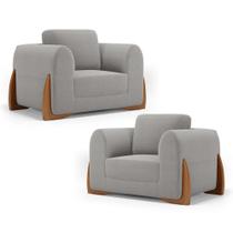 Kit 02 Poltronas Decorativas Living Bloom com Pés de Madeira Bouclê Cinza - Abmaza