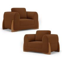 Kit 02 Poltronas Decorativas Living Bloom Com Pés De Madeira Bouclê Terracota - Abmaza