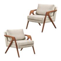 Kit 02 Poltronas Decorativas Madeira Maciça Luxo Mona Linho Bege